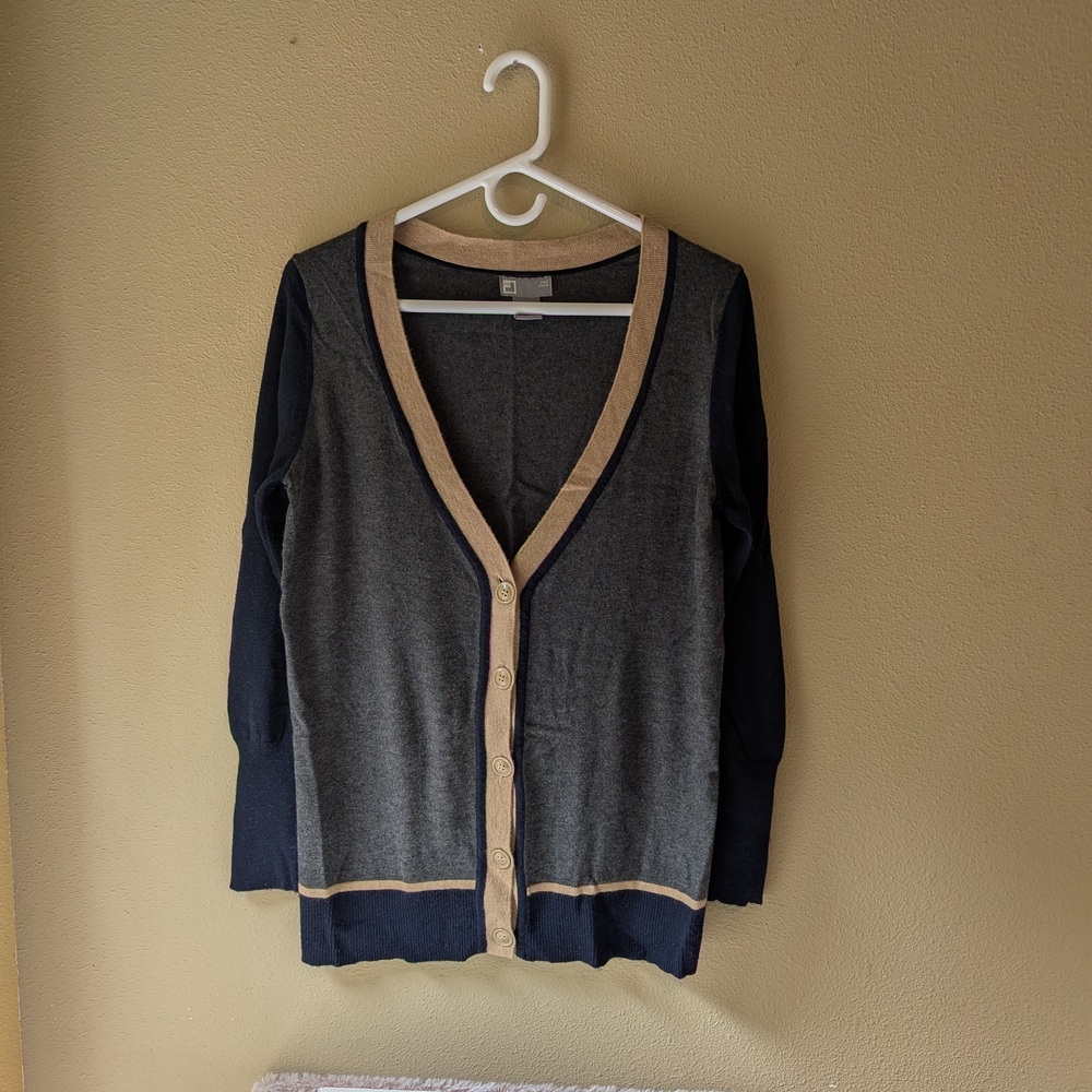 Chic Gray, Blue and Tan Cardigan Sweater